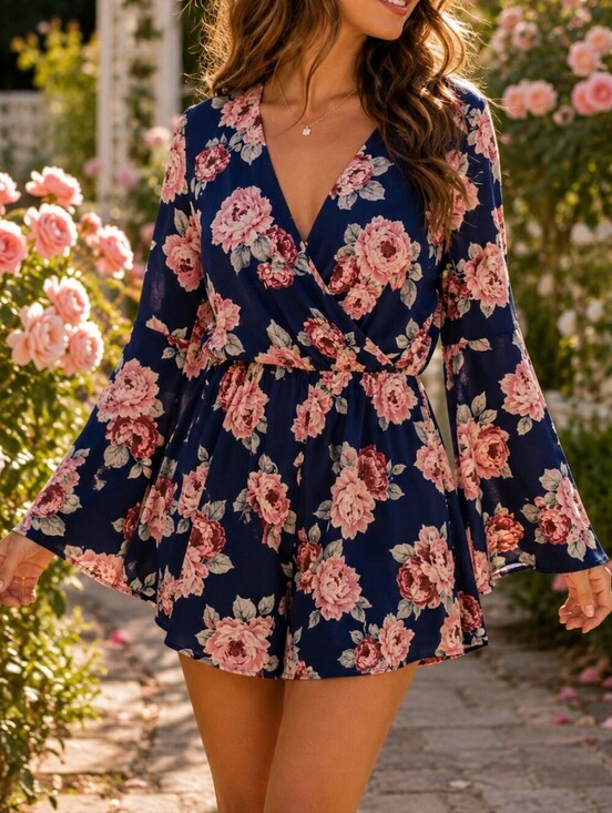 Lily Rose Pants - ✨ Lily Rose Floral Wrap Front Romper | Navy Blue Rose Print | Size Medium ✨